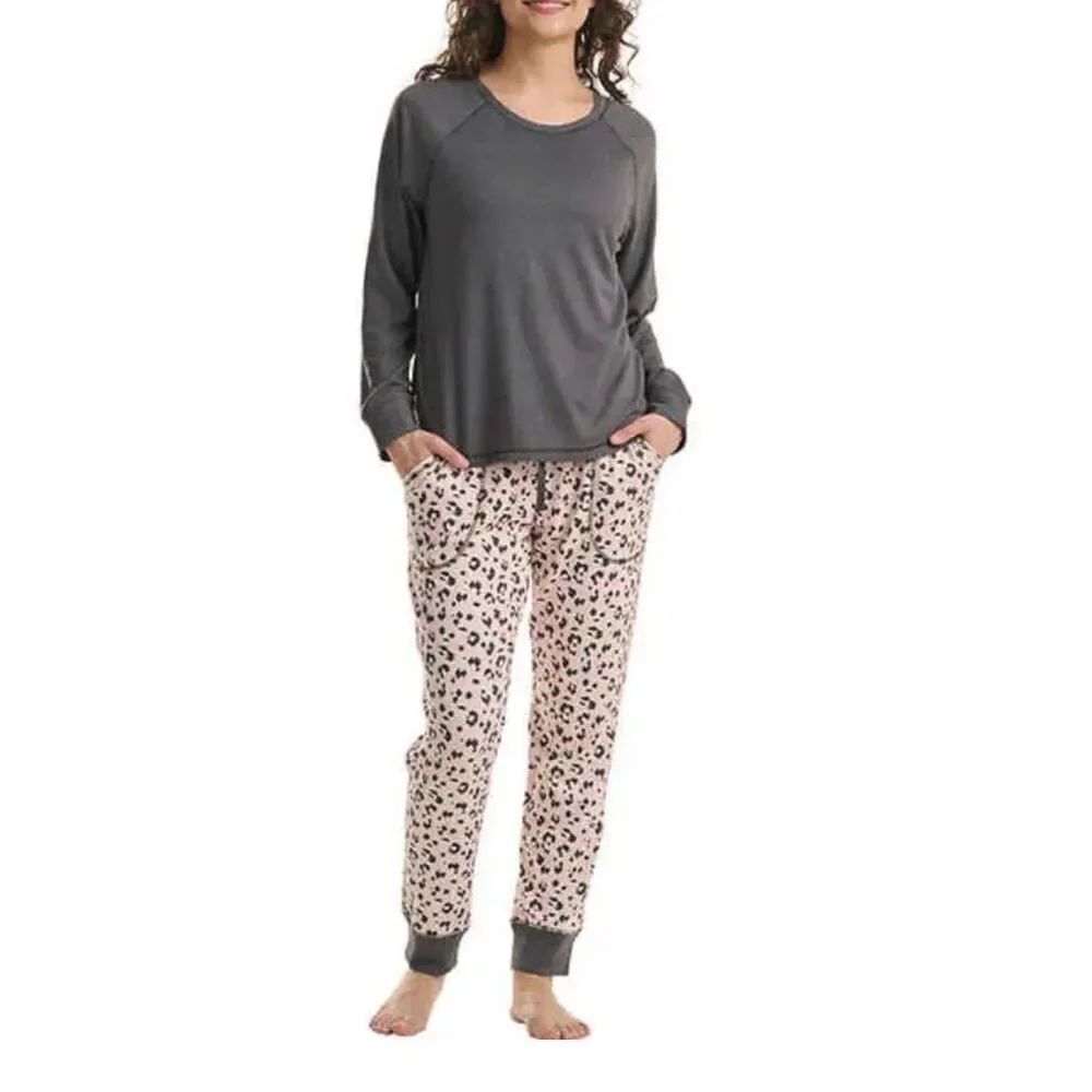 Live Love Lounge Women's Pajama Pants Pink Black Animal Print Size L Drawstring